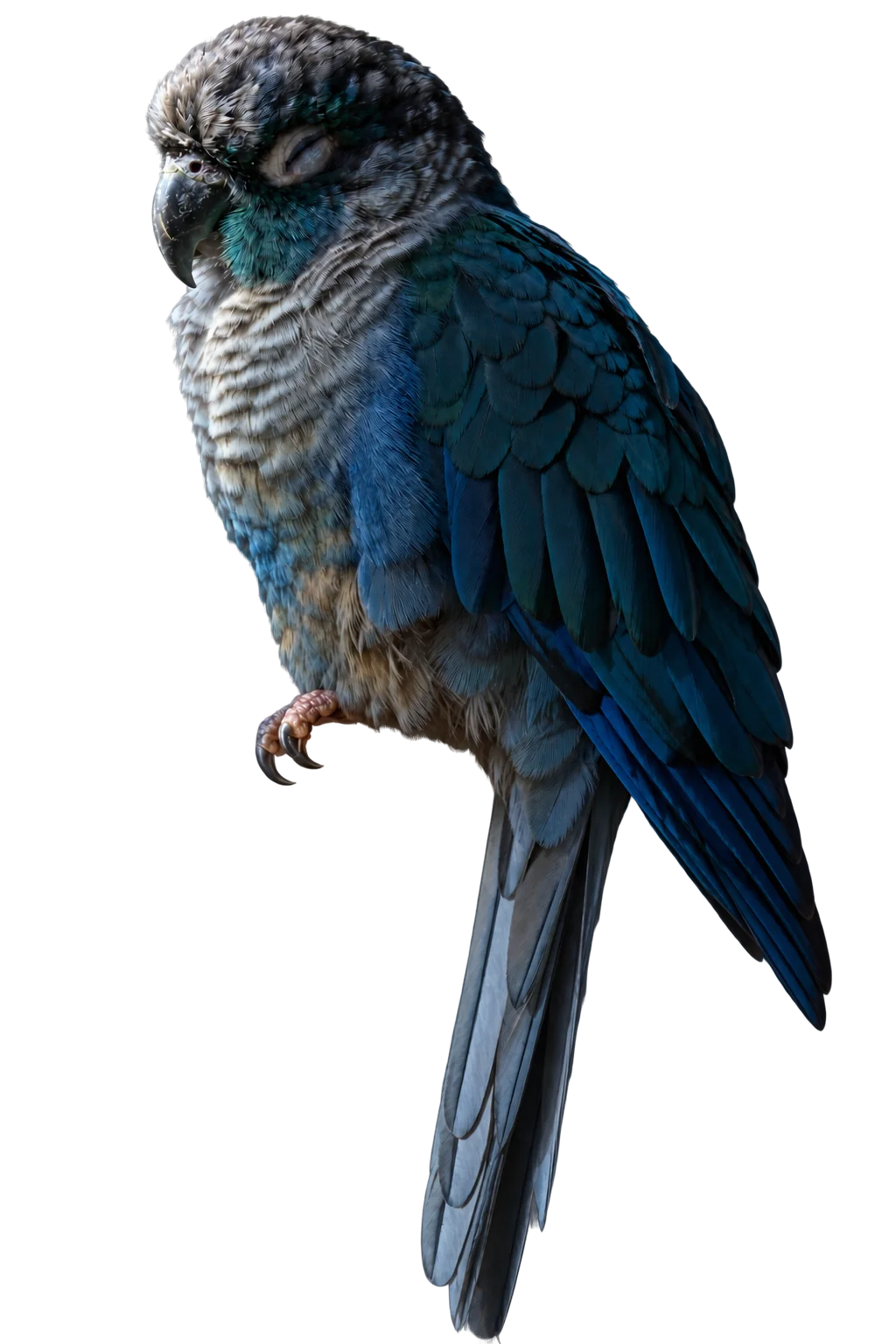 Sky, a turquoise-and-grey bird ready to settle on the shared branch.
